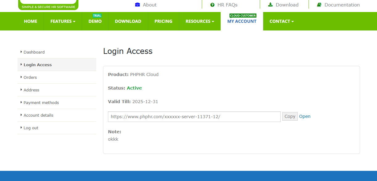 PHPHR login URL